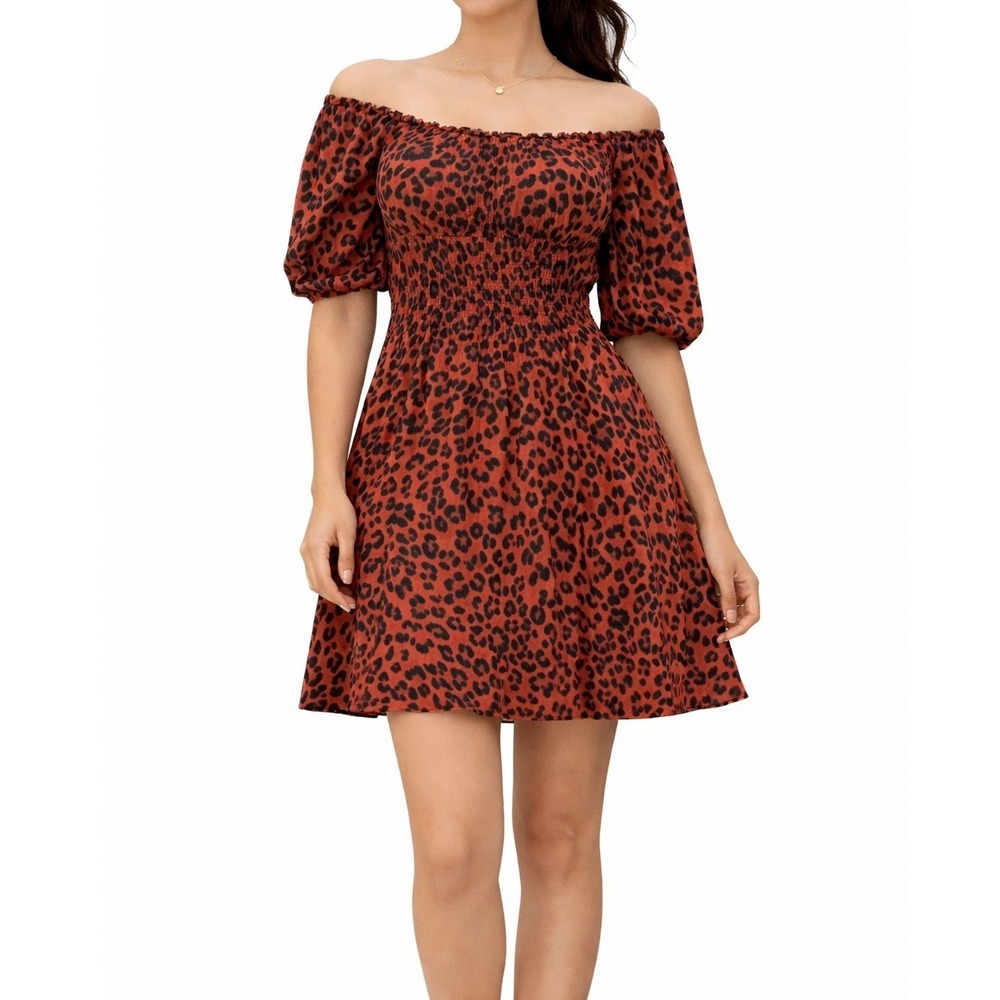 Knox Rose Leopard Print Smocked Waist Off Shoulder Mini‎ Dress Rust Brown Medium